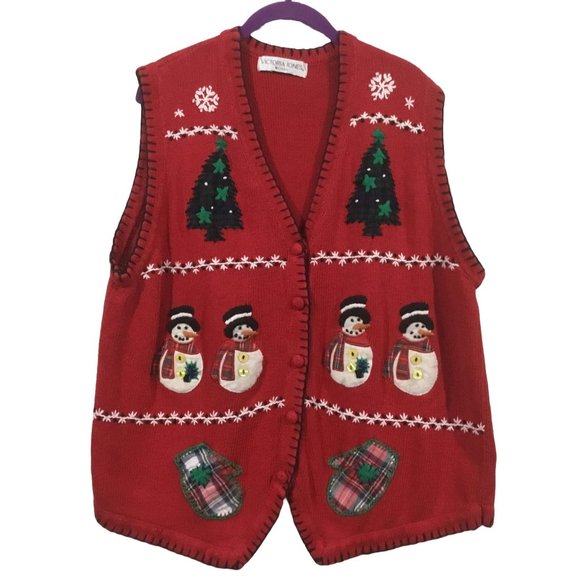 Victoria Jones Woman Sweaters - Vintage 90s Red Christmas Victoria Jones Winter Ugly Sweater Snowman Knit Vest